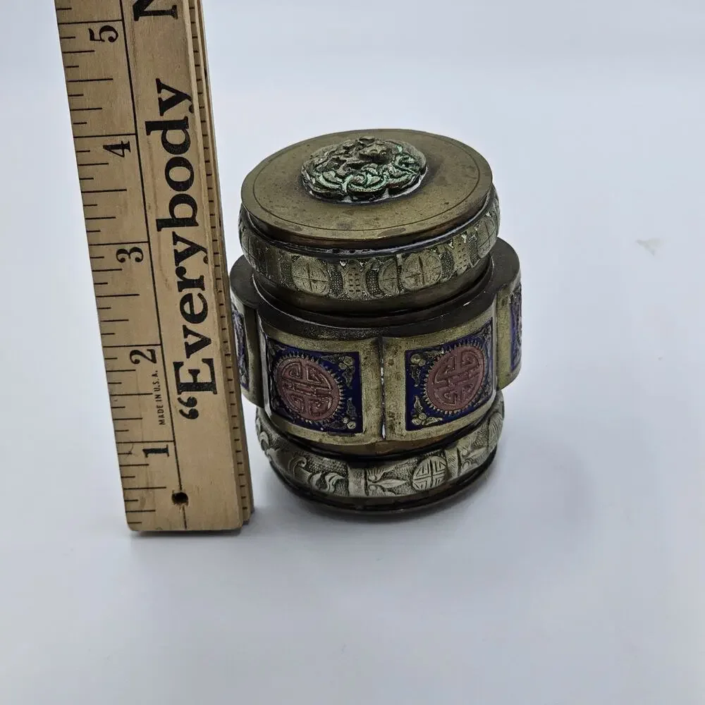 Vintage Chinese Lidded Enamel Brass Tea Caddy Snuff Jar Blue Red
